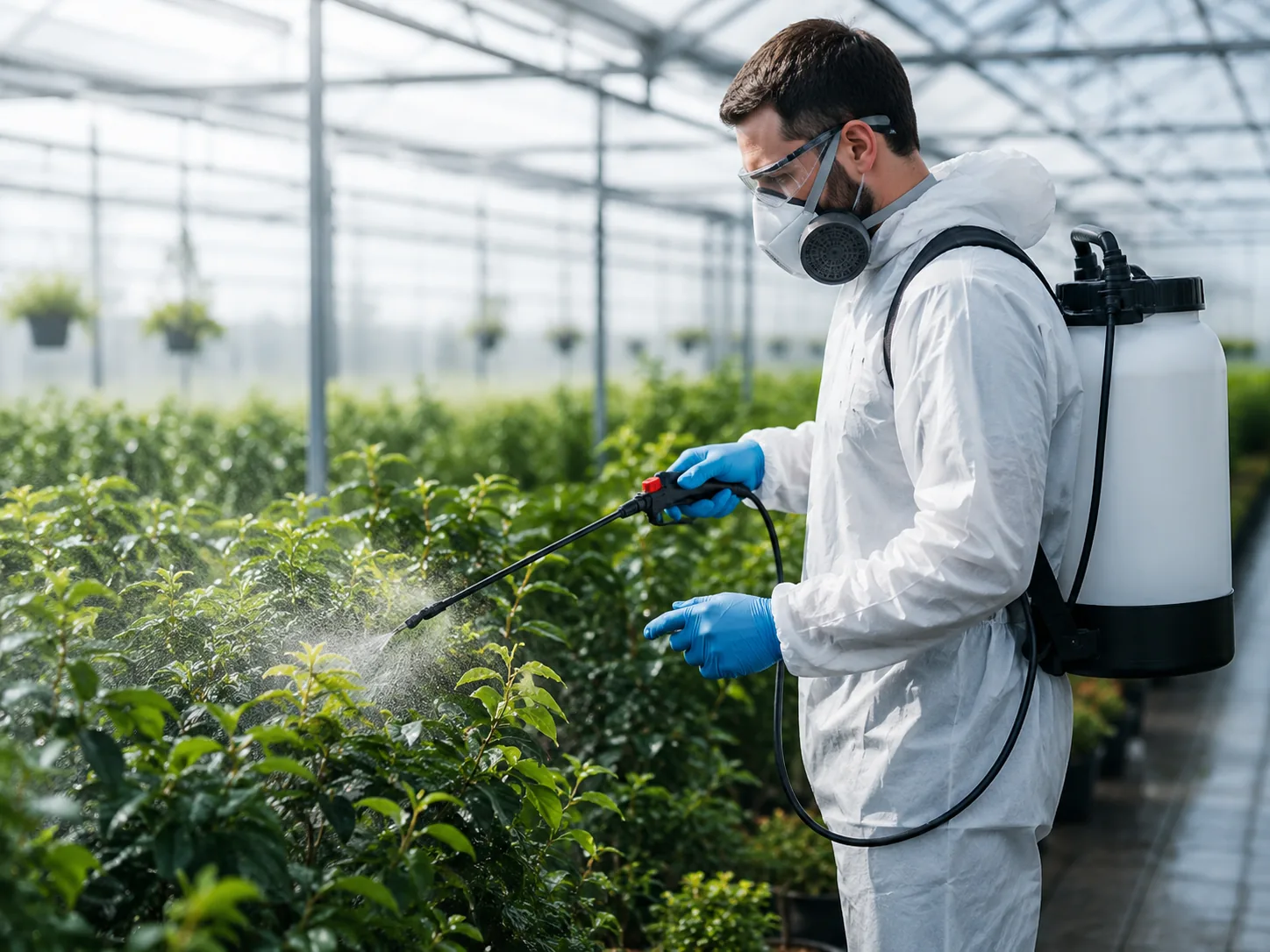 A SOVA specialist treating crops in a greenhouse — plant protection