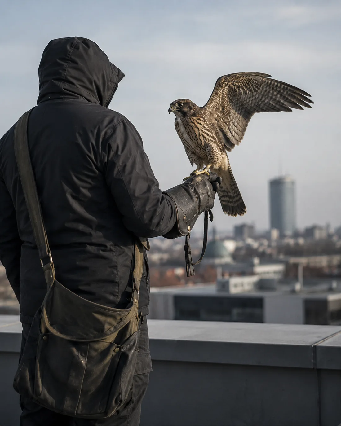 Falconer with a bird of prey, wings spread, on a rooftop above Belgrade — biological bird control