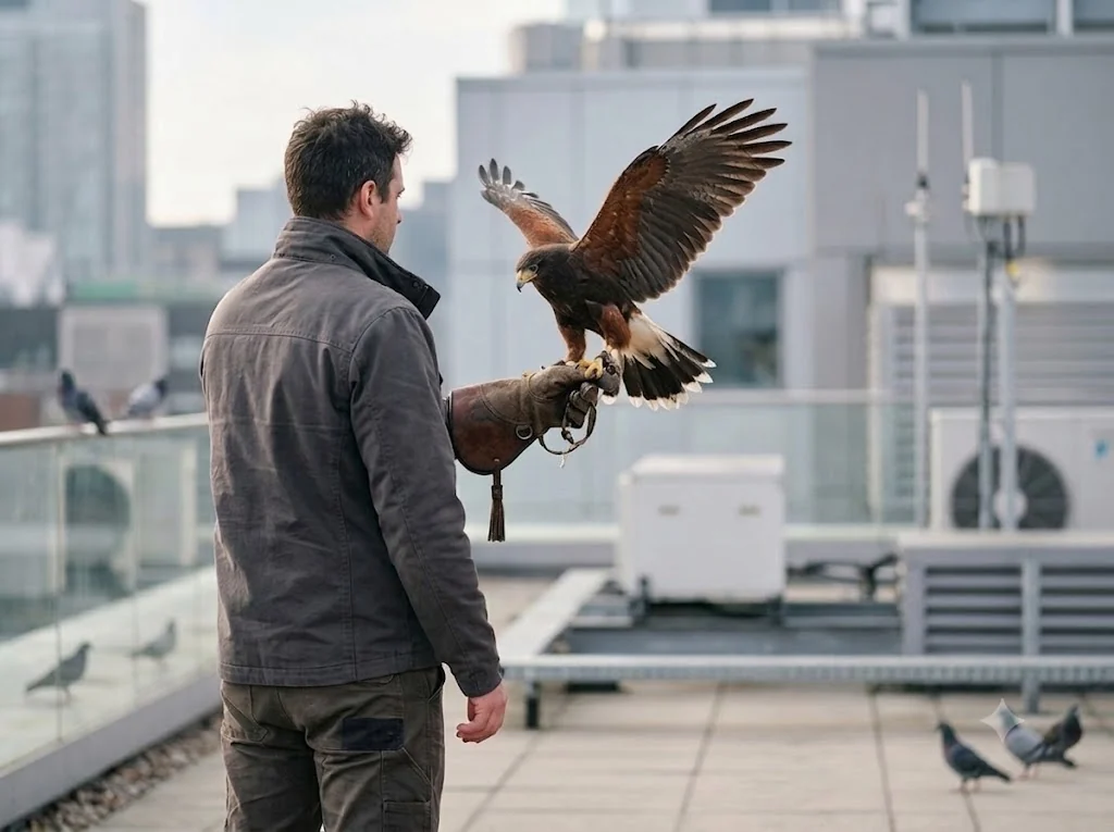 Biological bird control by falconry on the roof of a building