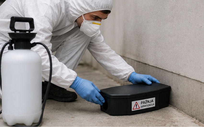 SOVA technician placing a rodent bait station against a wall