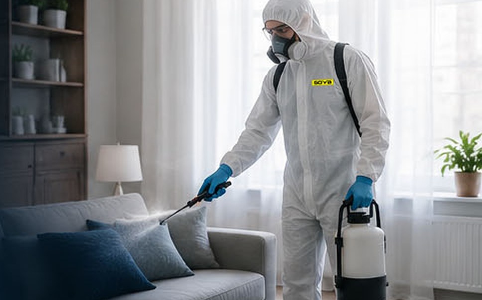 SOVA technician disinfecting an interior by spraying