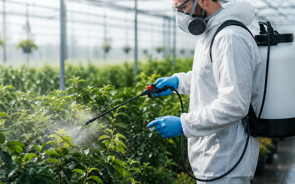 SOVA technician spraying crops in a greenhouse — plant protection