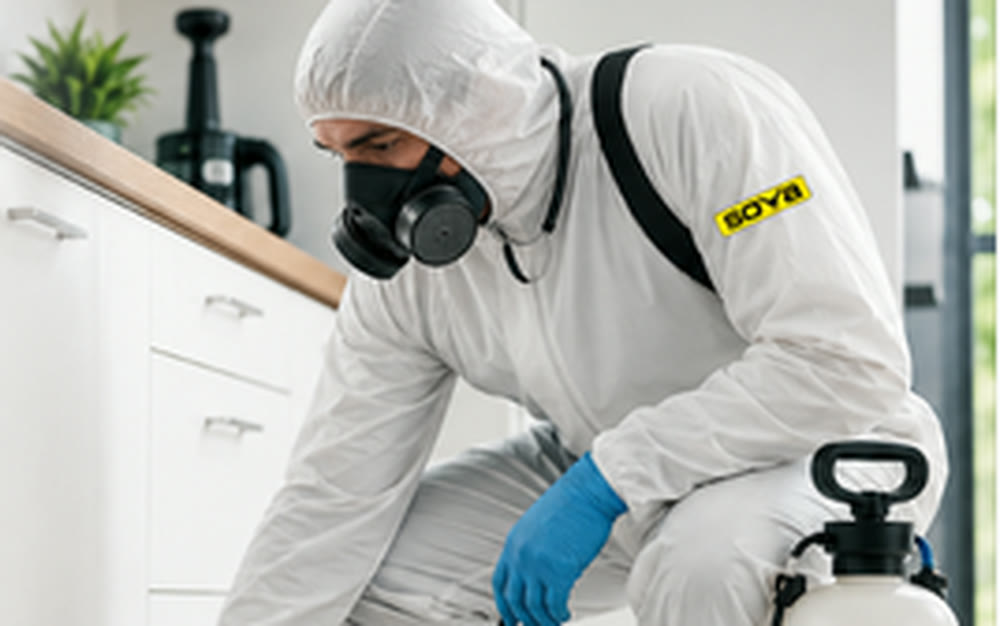 SOVA technician in protective gear during disinsection of a space